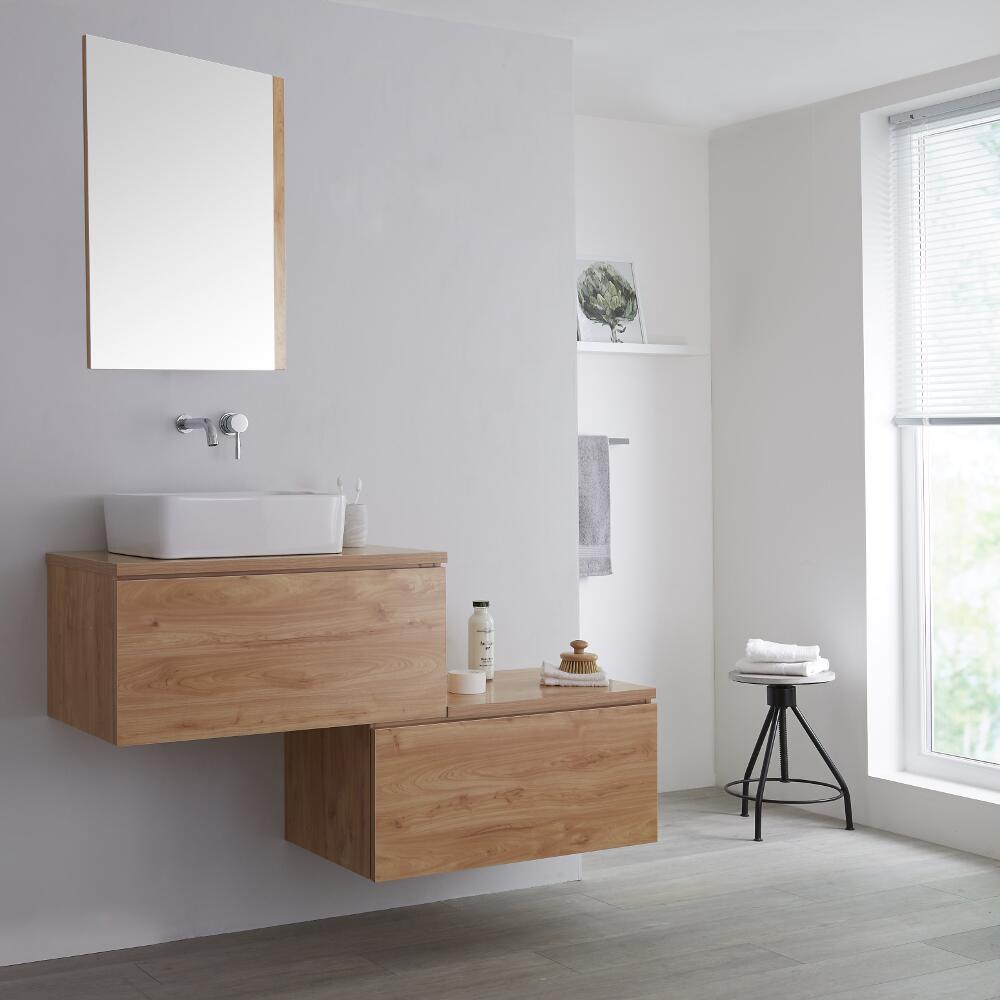 Mueble Base Mural para Lavabo de Sobre Encimera de Color Roble Dorado con Encimera de Color Roble Dorado y un Diseño Escalonado de 1400mm con Opción LED con Lavabo Rectangular – Newington