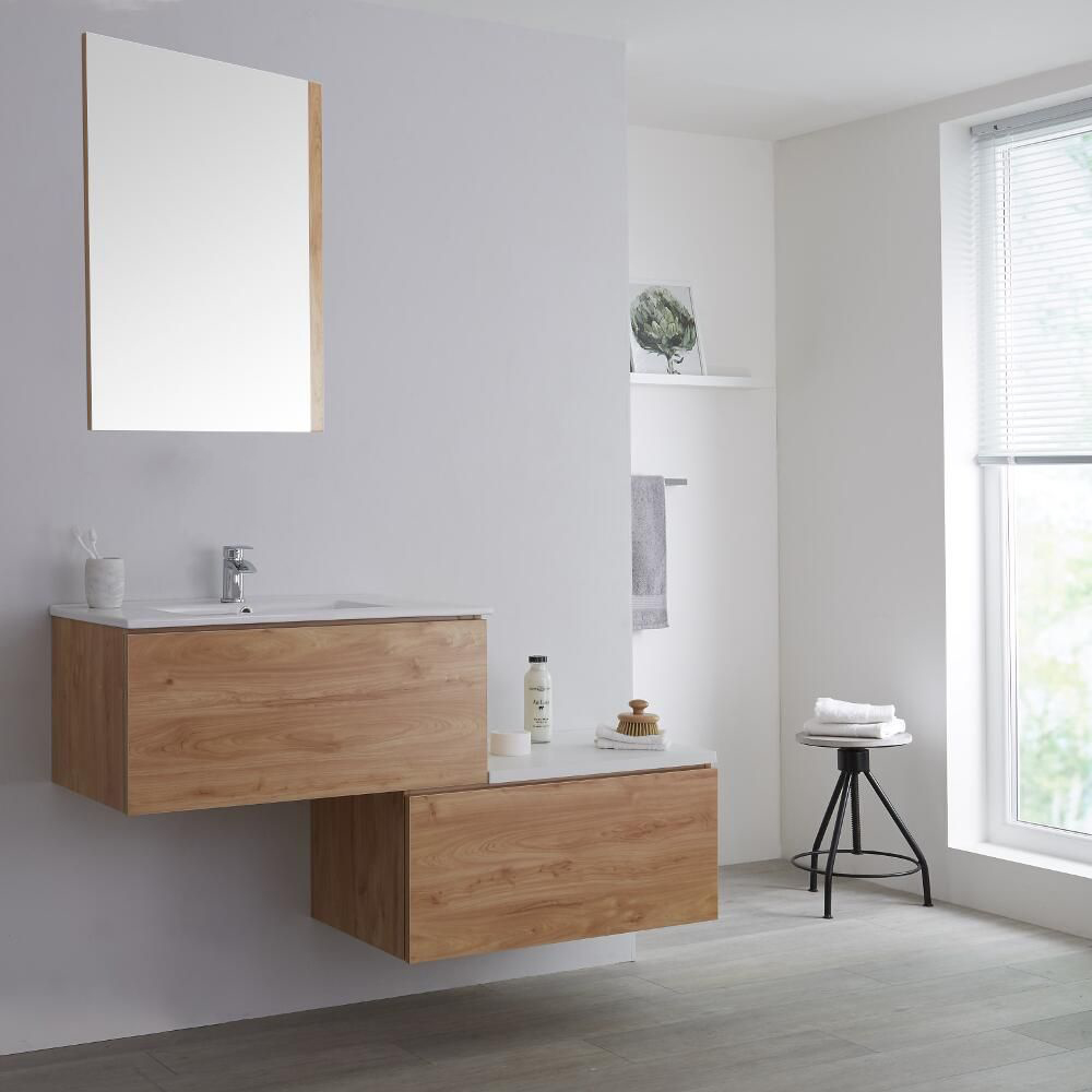 Mueble Base Mural Completo con Lavabo de Sobre Encimera de Color Roble Dorado con Diseño Escalonado de 1400mm con Opción LED - Newington