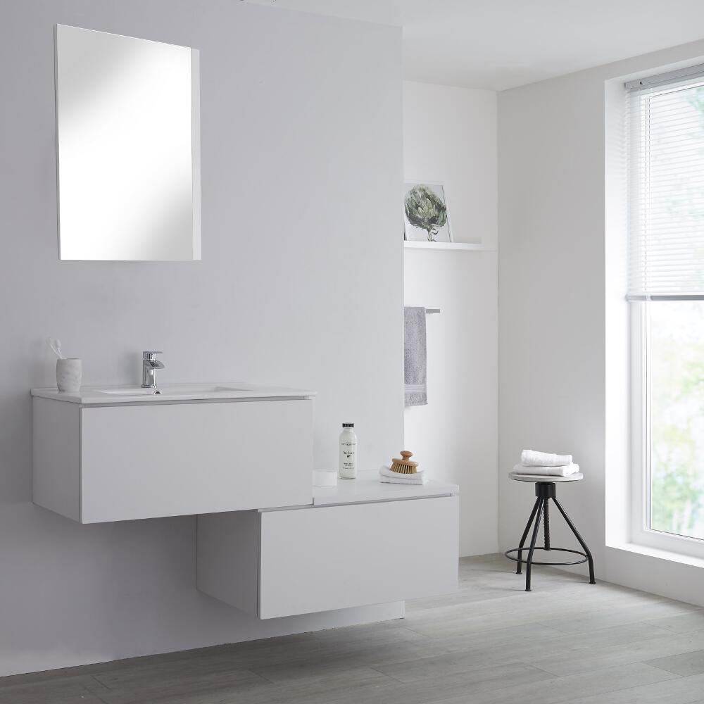 Mueble Base Mural Completo con Lavabo de Sobre Encimera de Color Blanco Opaco con Diseño Escalonado de 1400mm con Opción LED - Newington