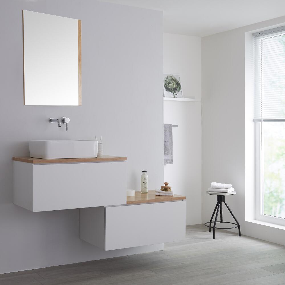 Mueble Base Mural para Lavabo de Sobre Encimera de Color Blanco Opaco y Encimera de Color Roble Dorado con Diseño Escalonado de 1400mm con Opción LED y Lavabo Rectangular - Newington