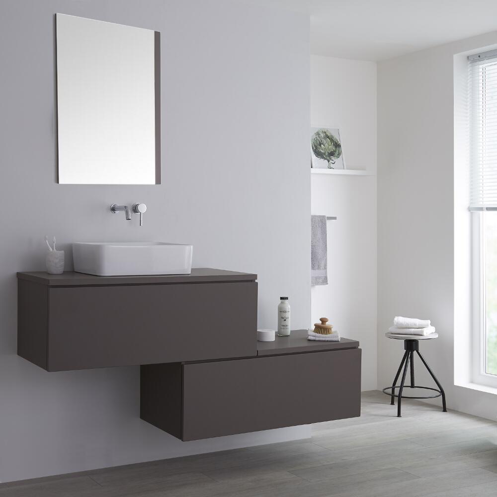 Mueble Base Mural Completo con Lavabo de Sobre Encimera con Diseño Escalonado de 1600mm con Opción LED - Color Gris Opaco y Lavabo Rectangular – Newington