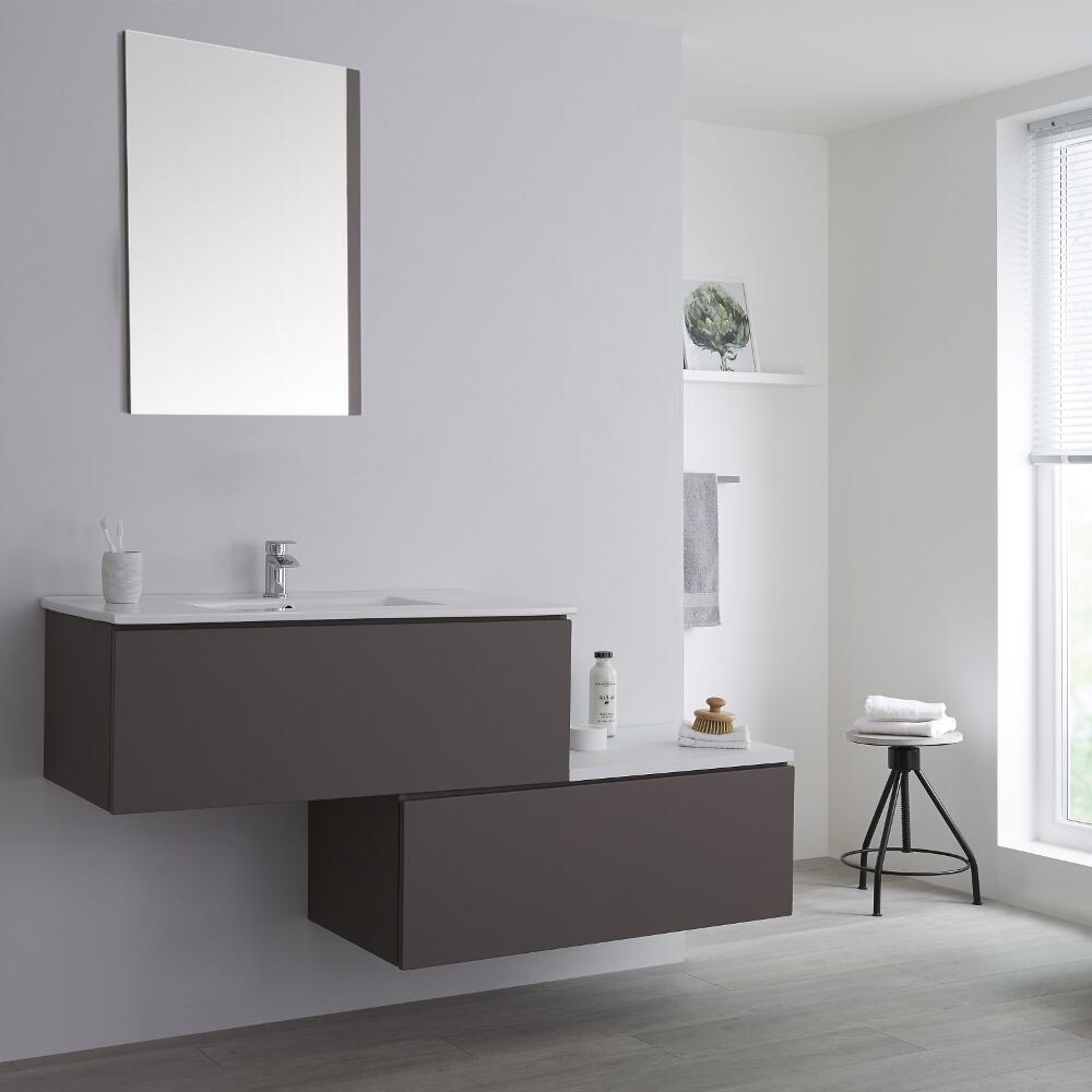 Mueble Base Mural Completo con Lavabo de Sobre Encimera de Color Gris Opaco con Diseño Escalonado de 1600mm con Opción LED - Newington