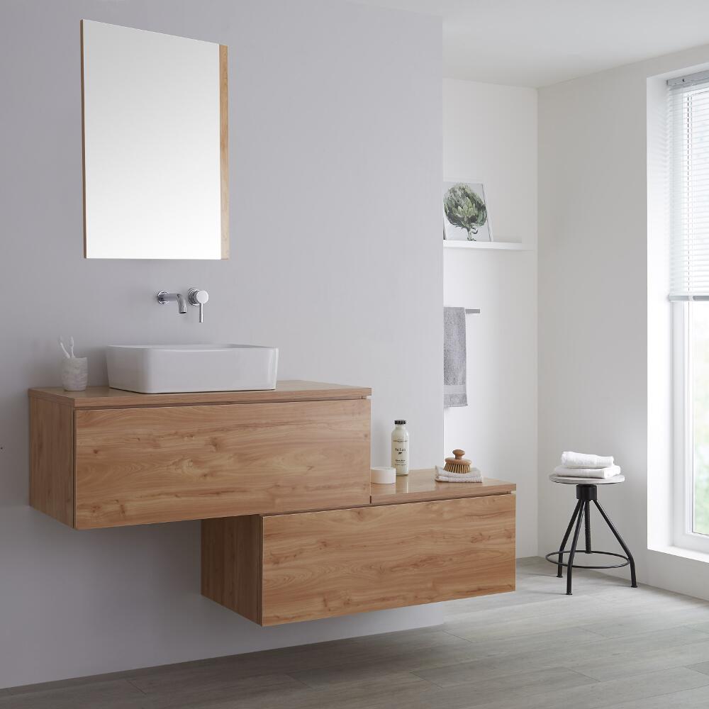Mueble Base Mural para Lavabo de Sobre Encimera de Color Roble Dorado y Encimera de Color Roble Dorado con Diseño Escalonado de 1600mm con Opción LED con Lavabo Rectangular - Newington