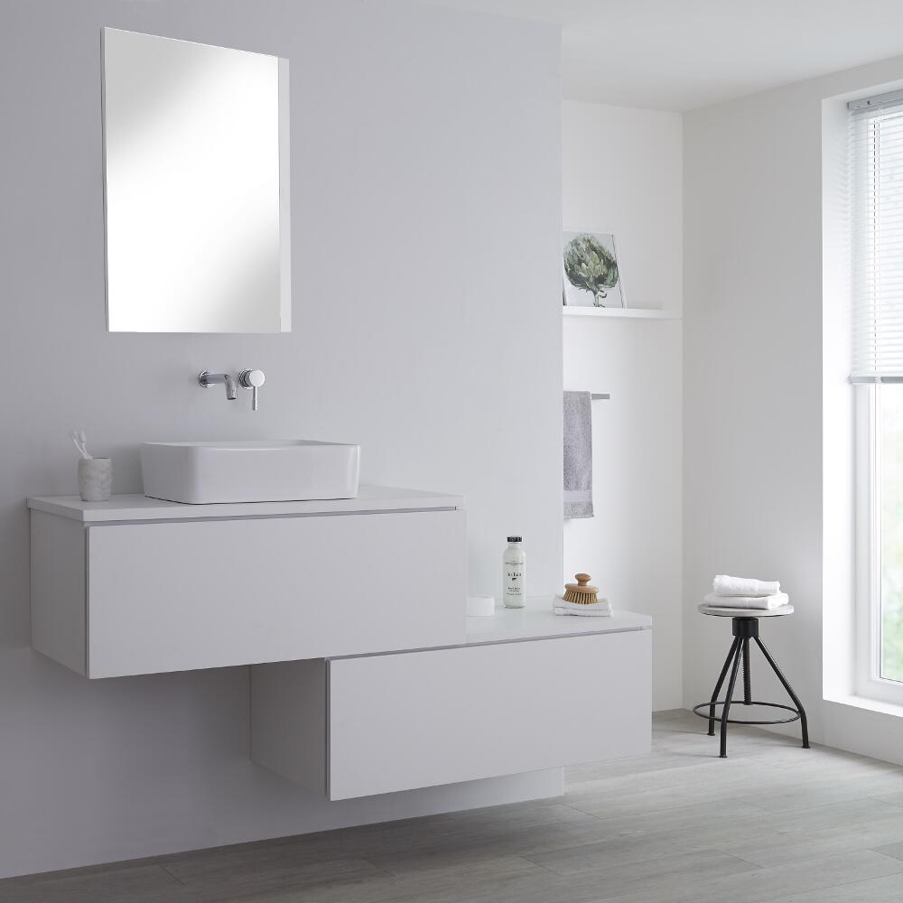 Mueble Base Mural para Lavabo de Sobre Encimera de Color Blanco Opaco con Diseño Escalonado de 1600mm con Opción LED con Lavabo Rectangular – Newington