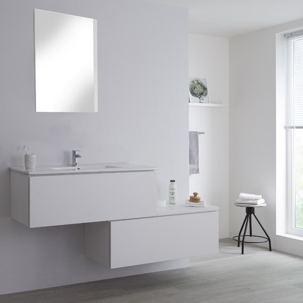 Mueble Base Mural Completo con Lavabo de Sobre Encimera de Color Blanco Opaco con Diseño Escalonado de 1600mm con Opción LED - Newington