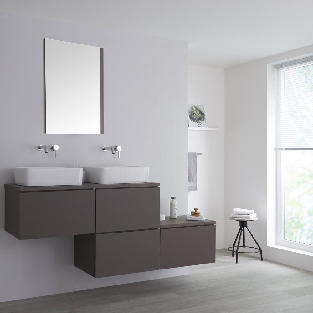 Mueble Base Mural Completo con Lavabo de Sobre Encimera de Color Gris Opaco con Diseño Escalonado de 1800mm con Opción LED y 2 Lavabos Rectangulares – Newington