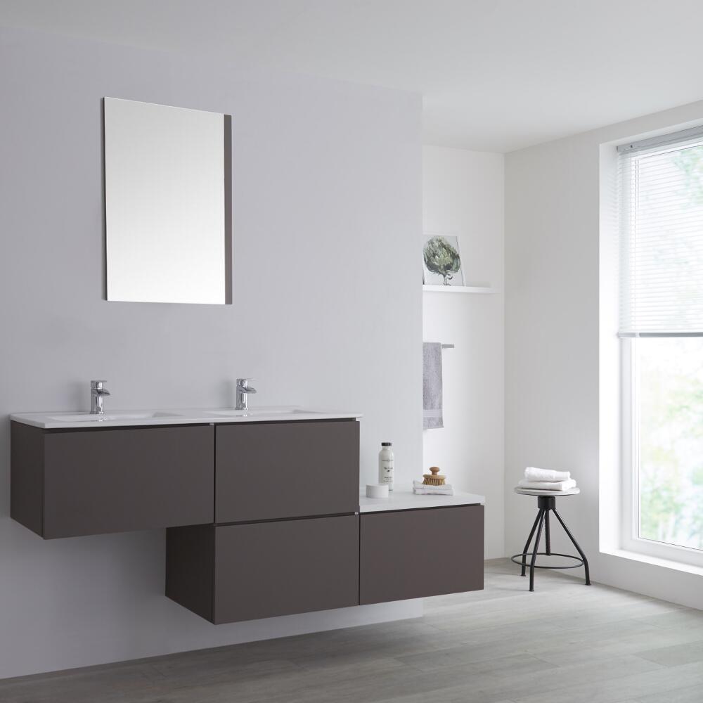 Mueble Base Mural Completo con Lavabo de Sobre Encimera de Color Gris Opaco con Diseño Escalonado de 1800mm con Opción LED y 2 Lavabos Rectangulares – Newington