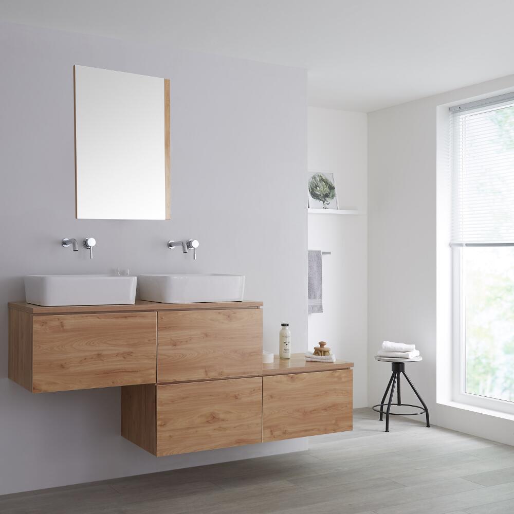 Mueble Base Mural para Lavabo de Sobre Encimera de Color Roble Dorado y Encimera de Color Roble Dorado con Diseño Escalonado de 1800mm con Opción LED y 2 Lavabos Rectangulares – Newington