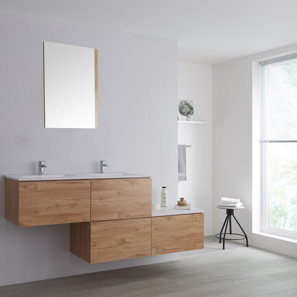 Mueble Base Mural Completo Color Roble Dorado con Diseño Escalonado de 1800mm con Lavabo Doble de Opción LED - Newington
