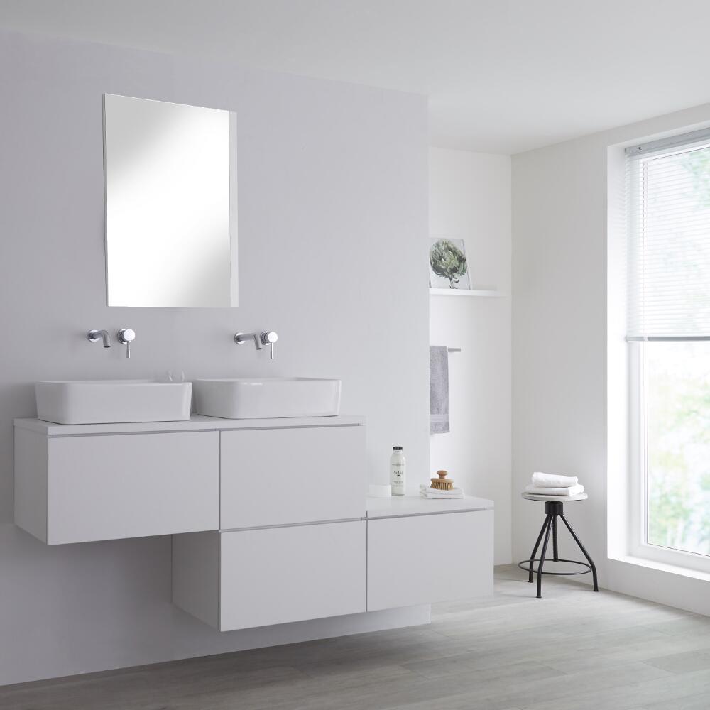 Mueble Base Mural para Lavabo de Sobre Encimera de Color Blanco Opaco con Diseño Escalonado de 1800mm con Opción LED con 2 Lavabos Rectangulares – Newington