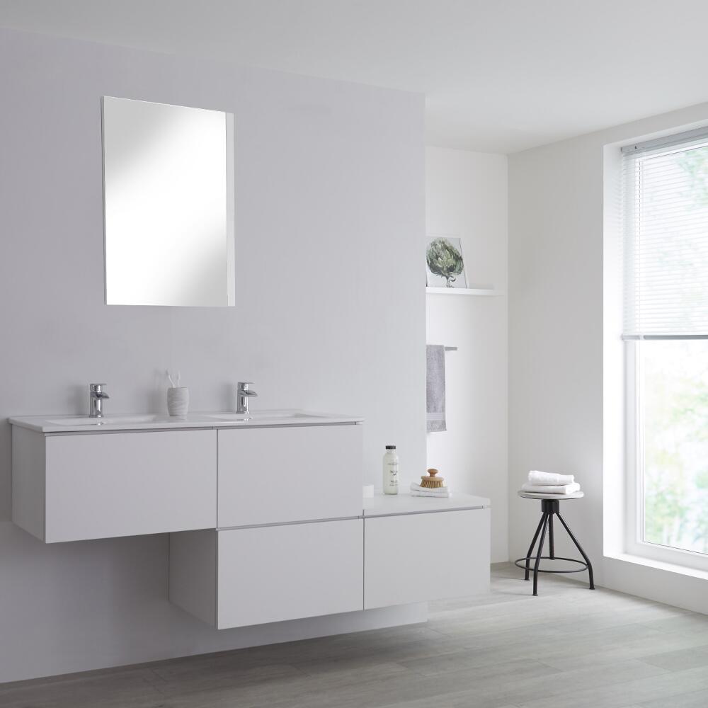 Mueble Base Mural Completo con Lavabo de Sobre Encimera de Color Blanco Opaco con Diseño Escalonado de 1800mm con Opción LED - Newington
