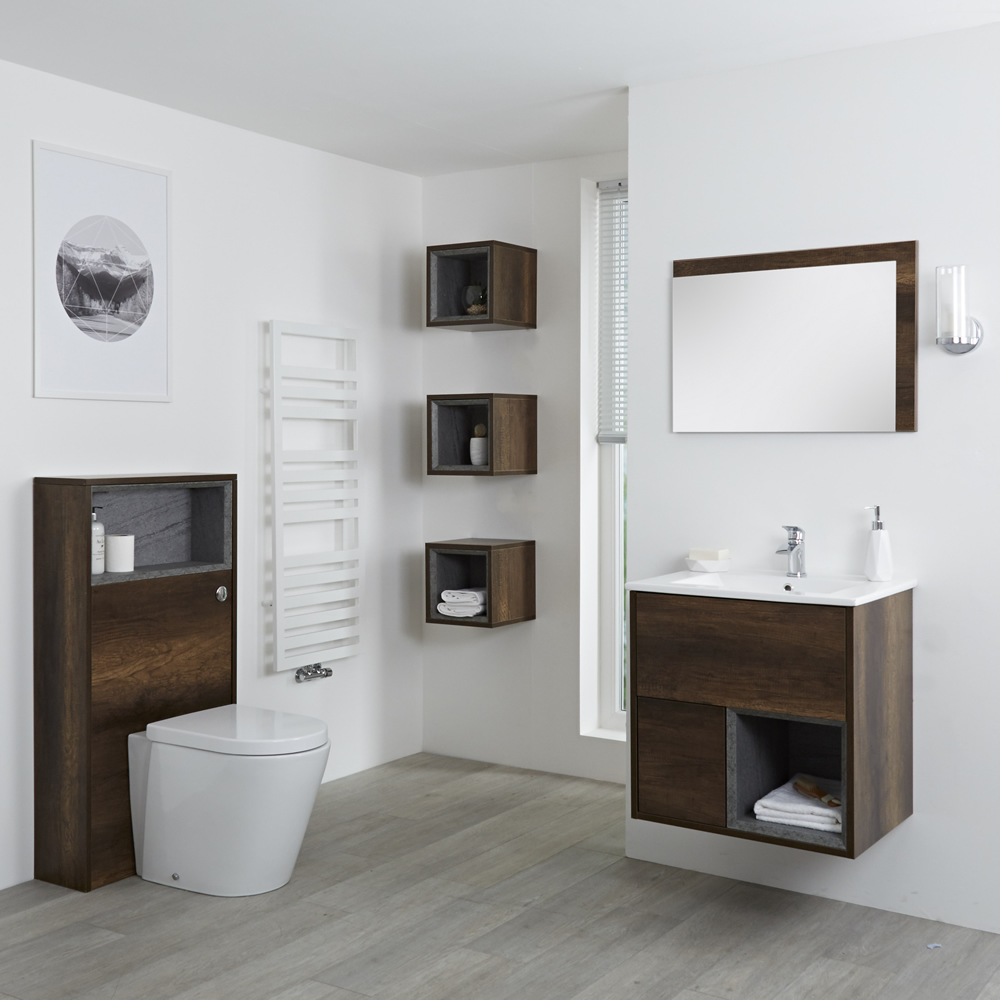 Conjunto de Baño con Diseño Abierto de Color Roble Oscuro Completo con Mueble Para Lavabo de 600mm, Mueble de Pared, Espejo, Lavabo, WC y Cisterna - Hoxton