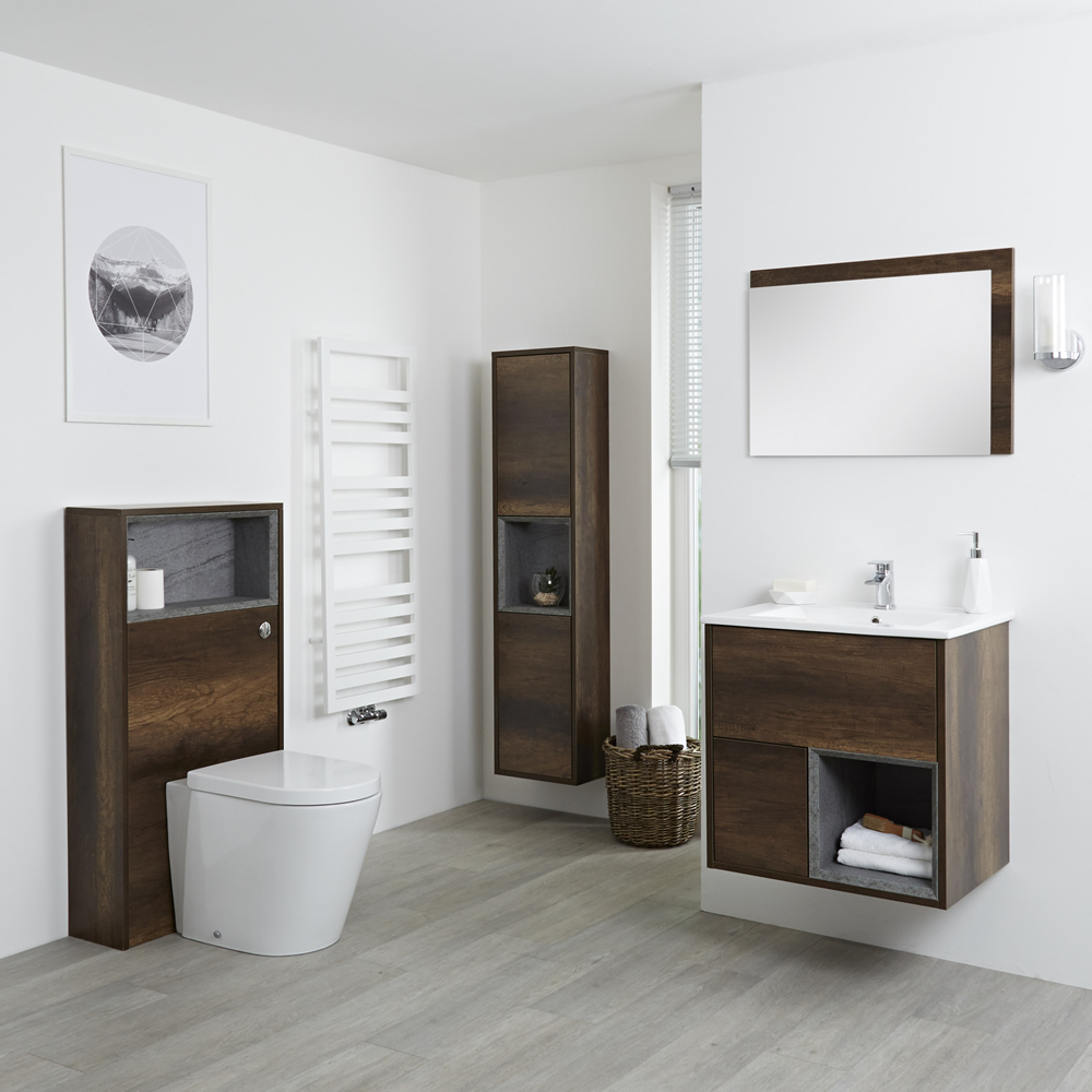 Conjunto de Baño con Diseño Abierto de Color Roble Oscuro Completo con Mueble Para Lavabo de 600mm, Mueble de Pared de 1500mm, Mueble de WC, Espejo, Lavabo, WC y Cisterna - Hoxton