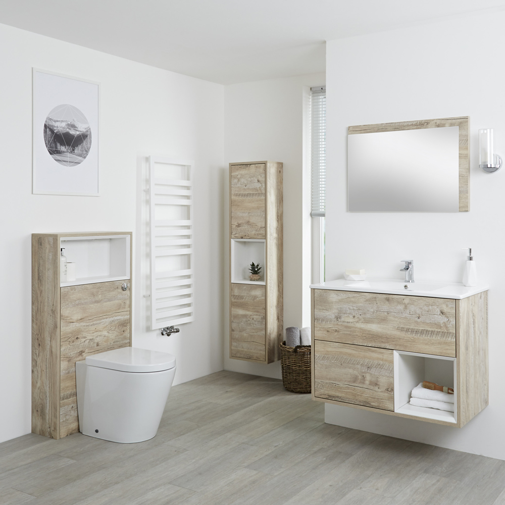 Conjunto de Baño con Diseño Abierto de Color Roble Claro Completo con Mueble Para Lavabo de 800mm, Mueble de Pared de 1500mm, Mueble de WC, Espejo, Lavabo, WC y Cisterna - Hoxton
