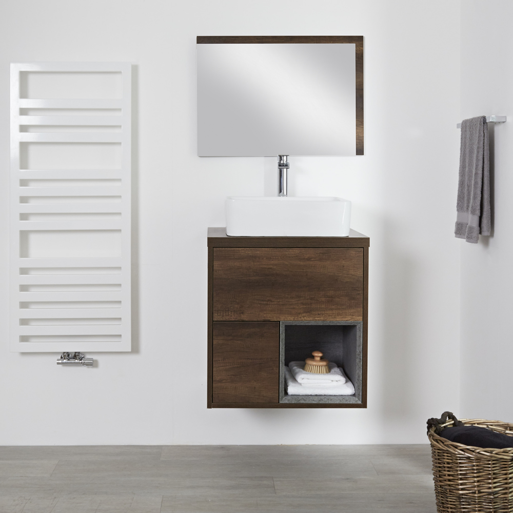 Mueble de Lavabo Mural de 600mm Color Roble Oscuro con Diseño Abierto con Lavabo de Sobre Encimera Cuadrado - Hoxton