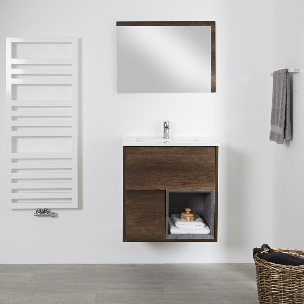 Mueble de Lavabo Mural de 600mm Color Roble Oscuro con Diseño Abierto con Lavabo - Hoxton