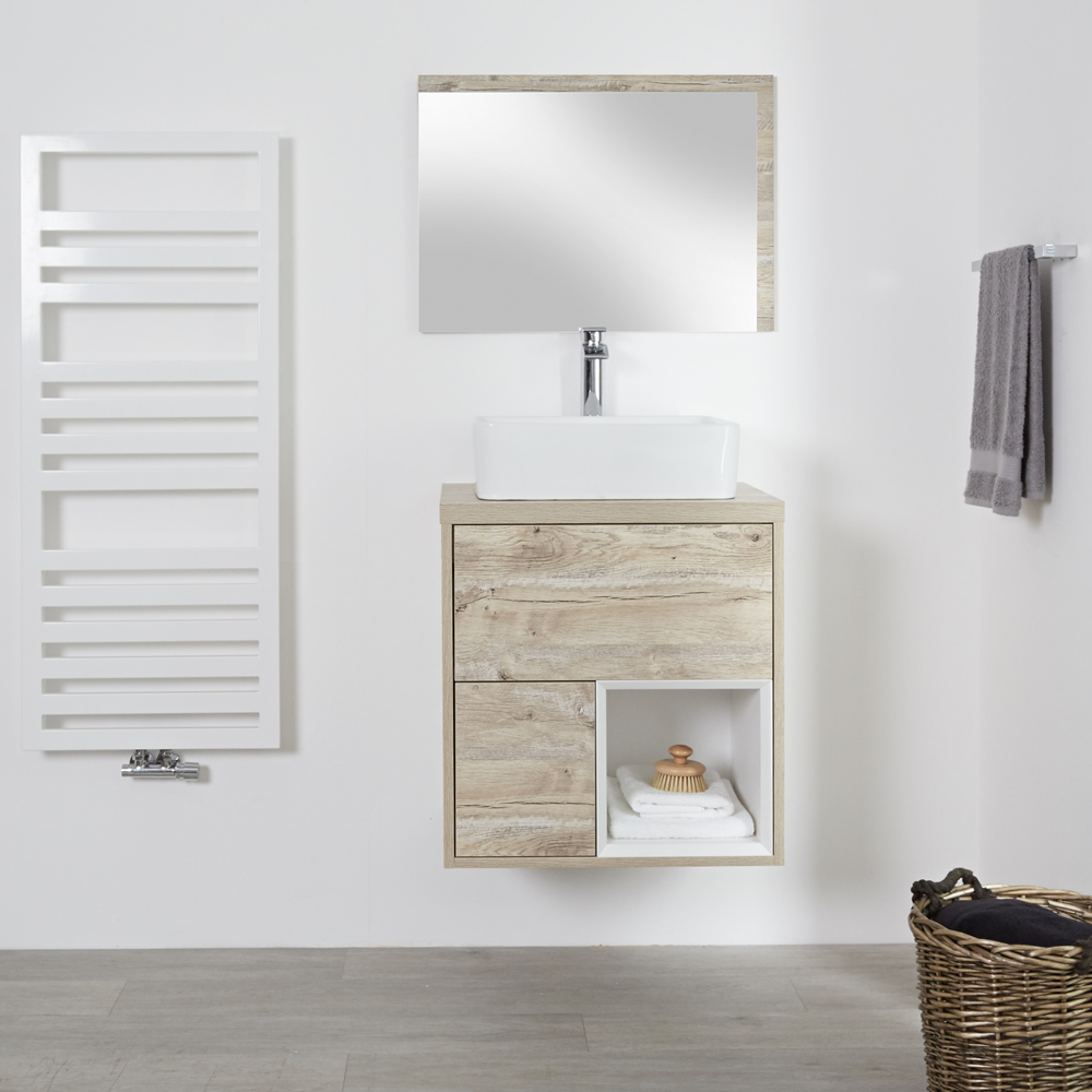 Mueble de Lavabo Mural de 600mm Color Roble Claro con Diseño Abierto con Lavabo de Sobre Encimera Cuadrado - Hoxton