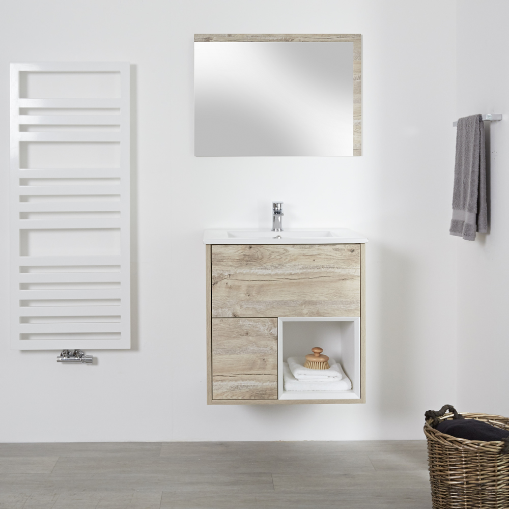 Mueble de Lavabo Mural de 600mm Color Roble Claro con Diseño Abierto con Lavabo - Hoxton