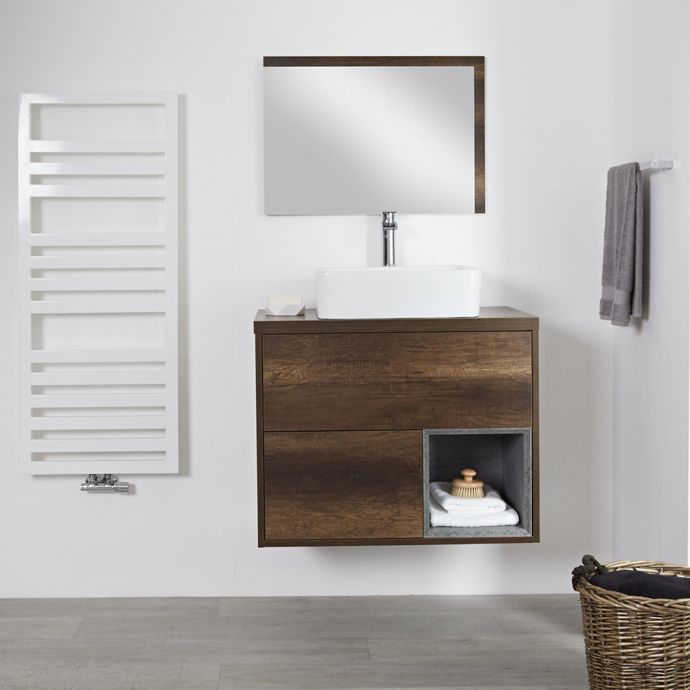 Mueble de Lavabo Mural de 800mm Color Roble Oscuro con Diseño Abierto con Lavabo de Sobre Encimera Rectangular - Hoxton