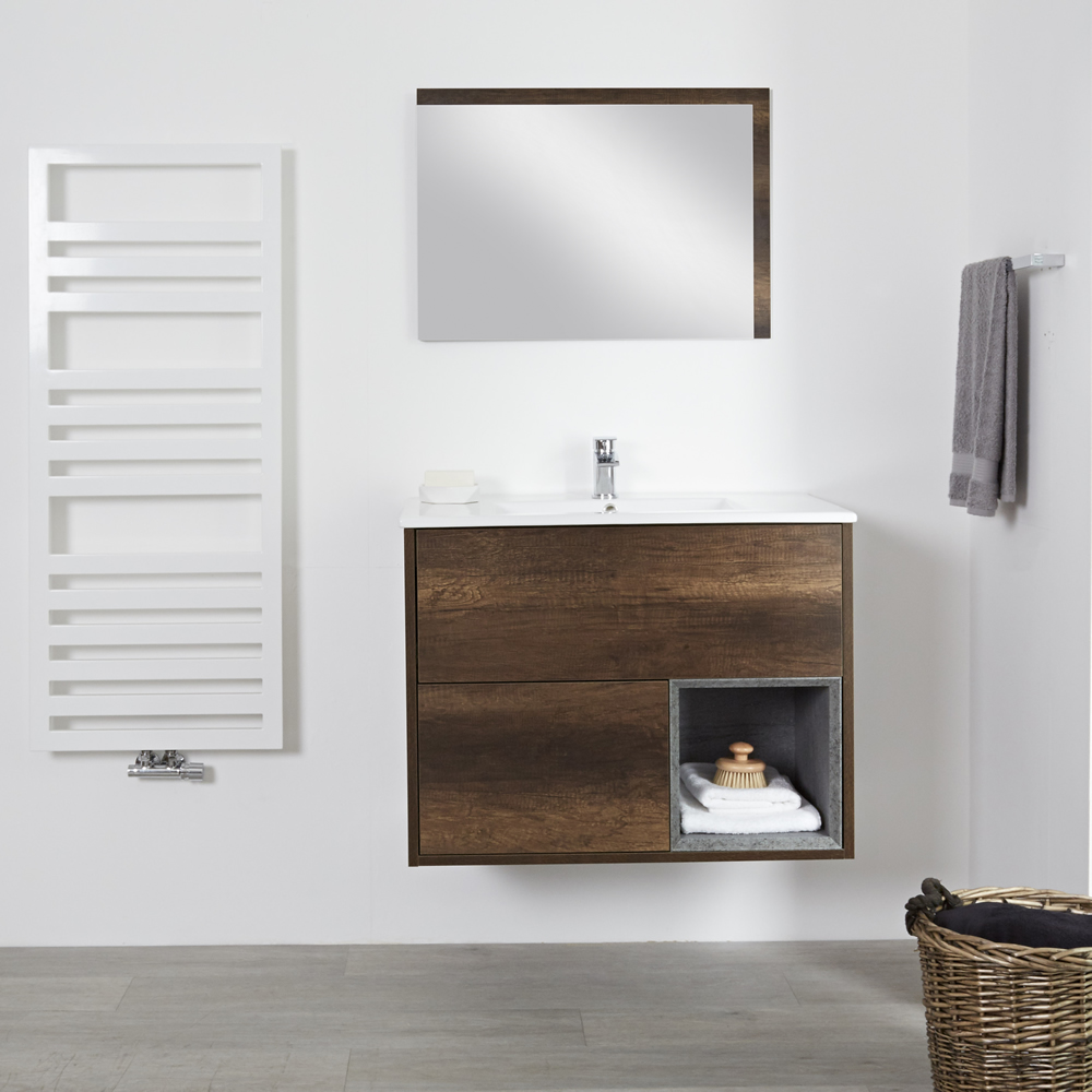Mueble de Lavabo Mural de 800mm Color Roble Oscuro con Diseño Abierto con Lavabo - Hoxton
