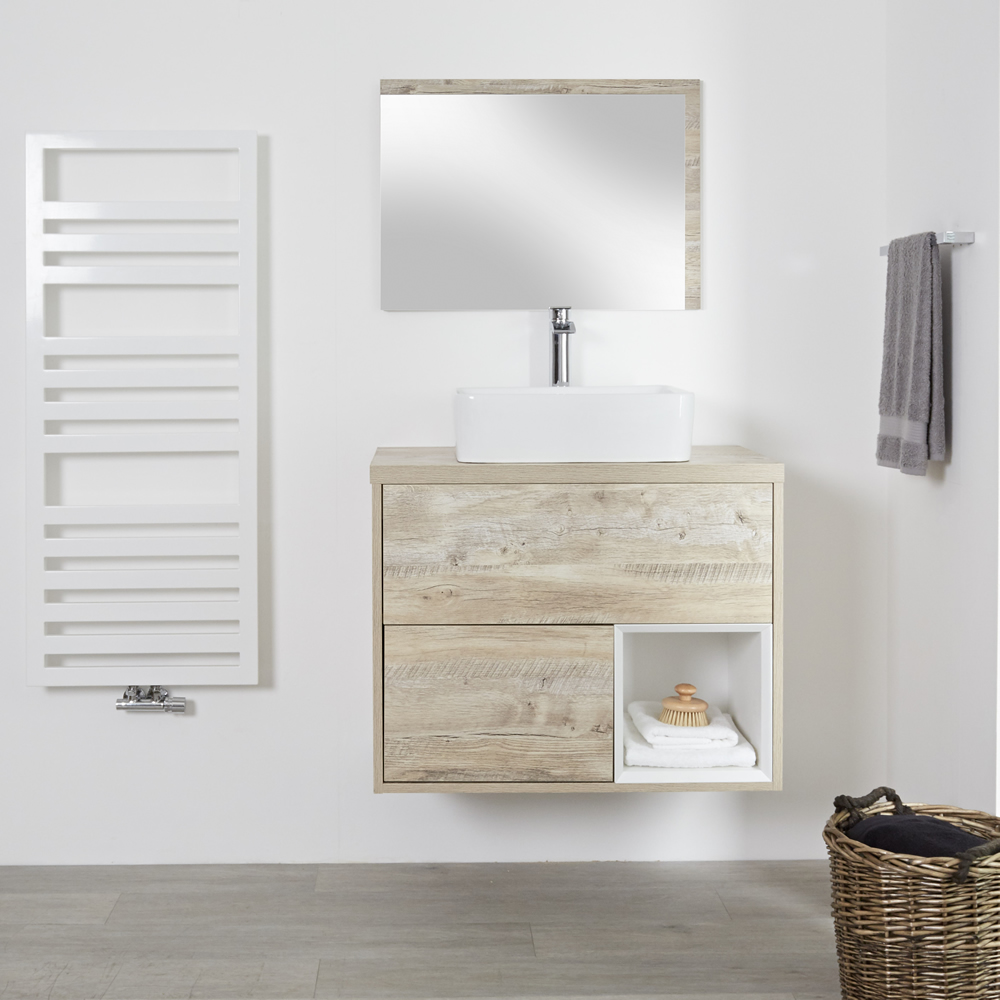 Mueble de Lavabo Mural de 800mm Color Roble Claro con Diseño Abierto con Lavabo de Sobre Encimera Rectangular - Hoxton