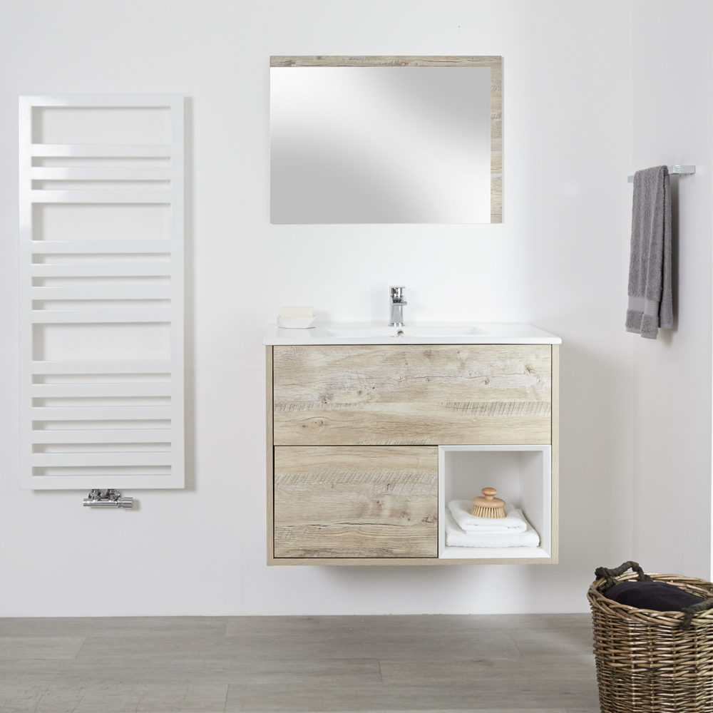 Mueble de Lavabo Mural de 800mm Color Roble Claro con Diseño Abierto con Lavabo - Hoxton