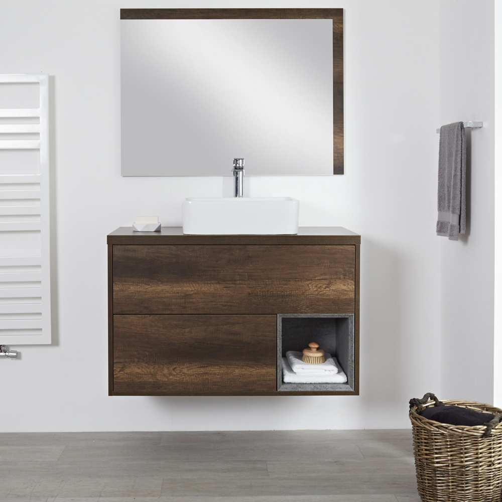 Mueble de Lavabo Mural de 1000mm Color Roble Oscuro con Diseño Abierto con Lavabo de Sobre Encimera Rectangular- Hoxton