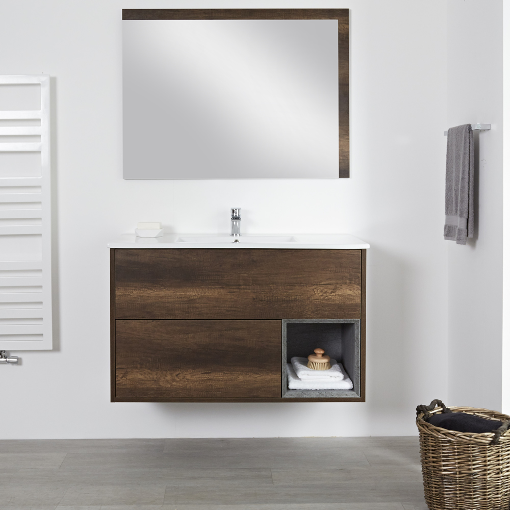 Mueble de Lavabo Mural de 1000mm Color Roble Oscuro con Diseño Abierto con Lavabo - Hoxton