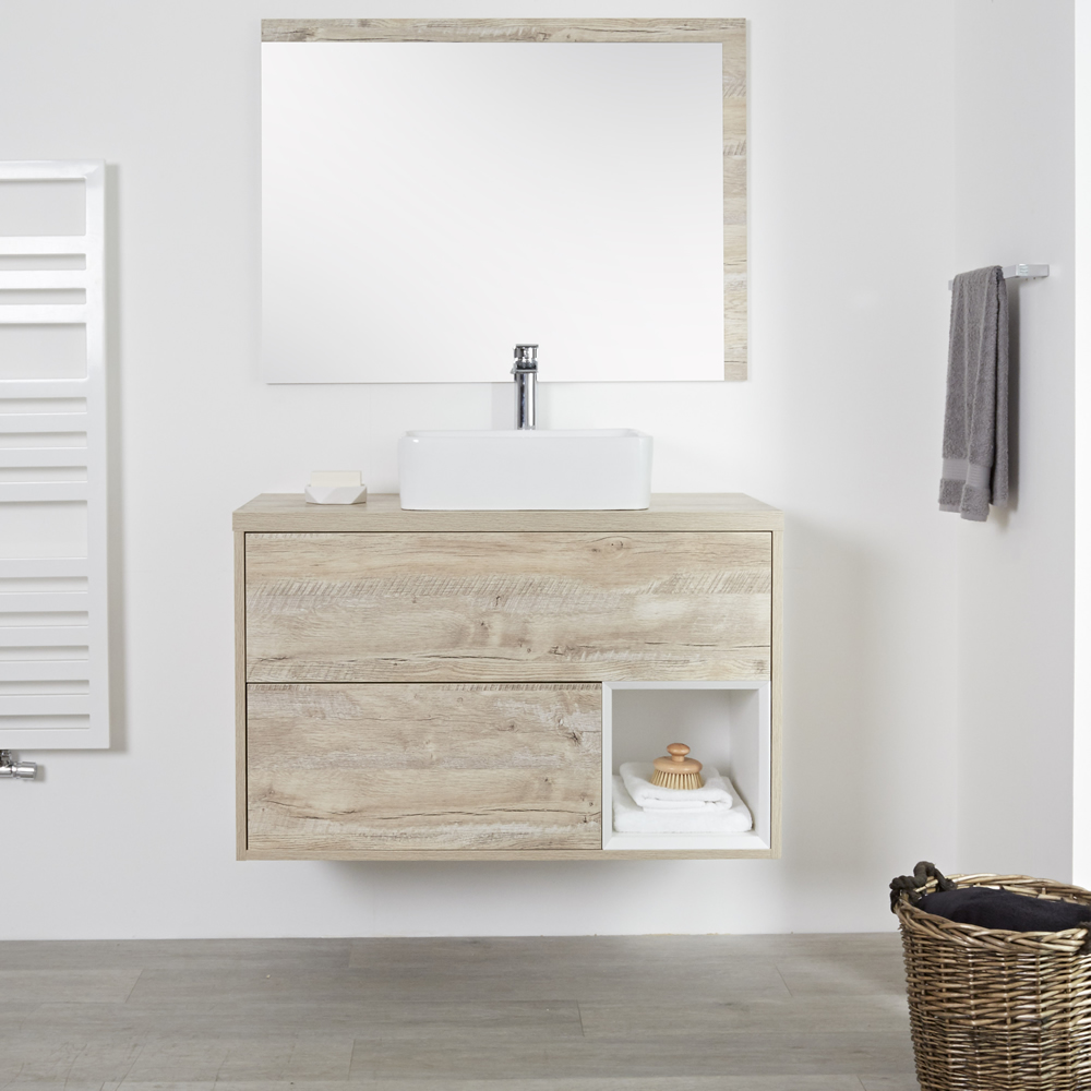Mueble de Lavabo Mural de 1000mm Color Roble Claro con Diseño Abierto con Lavabo de Sobre Encimera Rectangular - Hoxton