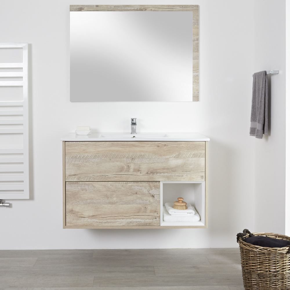 Mueble de Lavabo Mural de 1000mm Color Roble Claro con Diseño Abierto con Lavabo - Hoxton