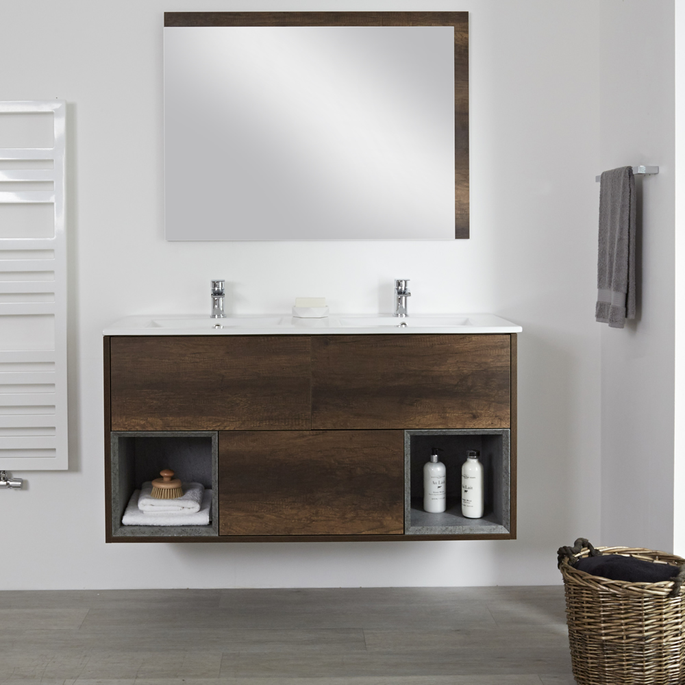Mueble de Lavabo Mural de 1200mm Color Roble Oscuro con Diseño Abierto con Lavabo Doble - Hoxton