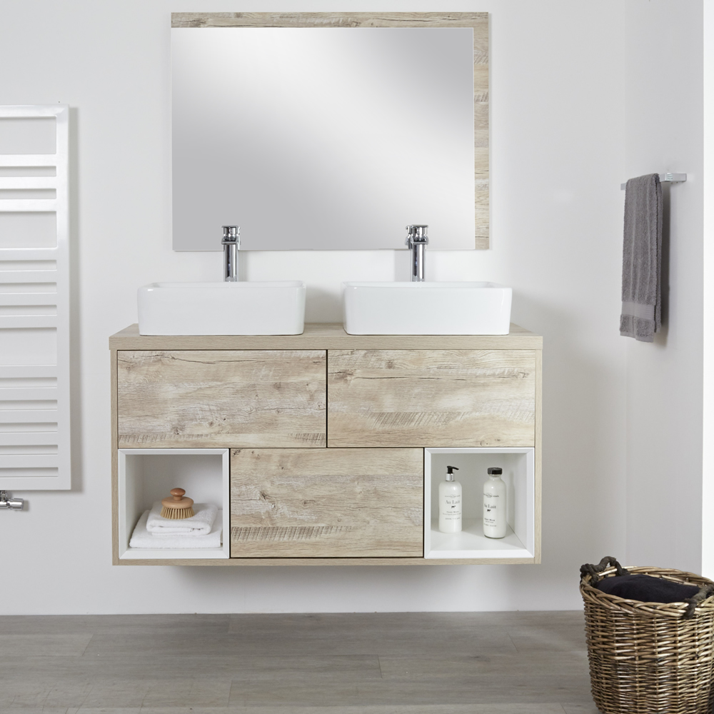Mueble de Lavabo Mural de 1200mm Color Roble Claro con Diseño Abierto con Lavabo de Sobre Encimera Rectangular - Hoxton