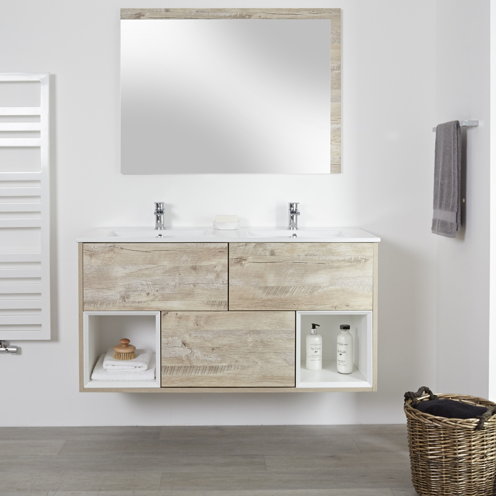 Mueble de Lavabo Mural de 1200mm Color Roble Claro con Diseño Abierto con Lavabo Doble - Hoxton