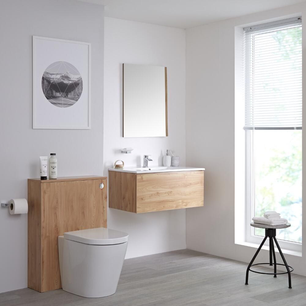 Mueble de Baño de 800mm Color Roble Dorado con Inodoro y Lavabo Disponible con Opción LED- Newington
