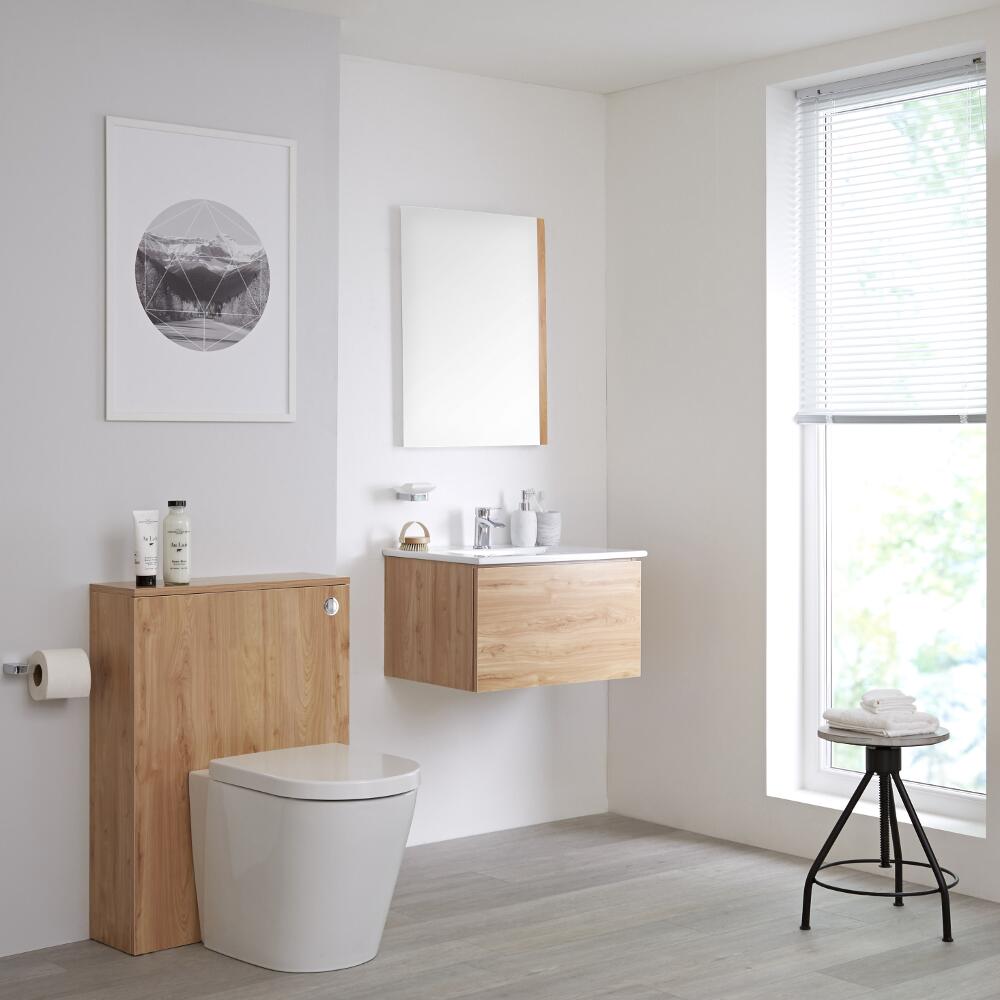 Mueble de Baño de 600mm Color Roble Dorado Completo con Cisterna, Inodoro y Lavabo Disponible con Opción LED - Newington
