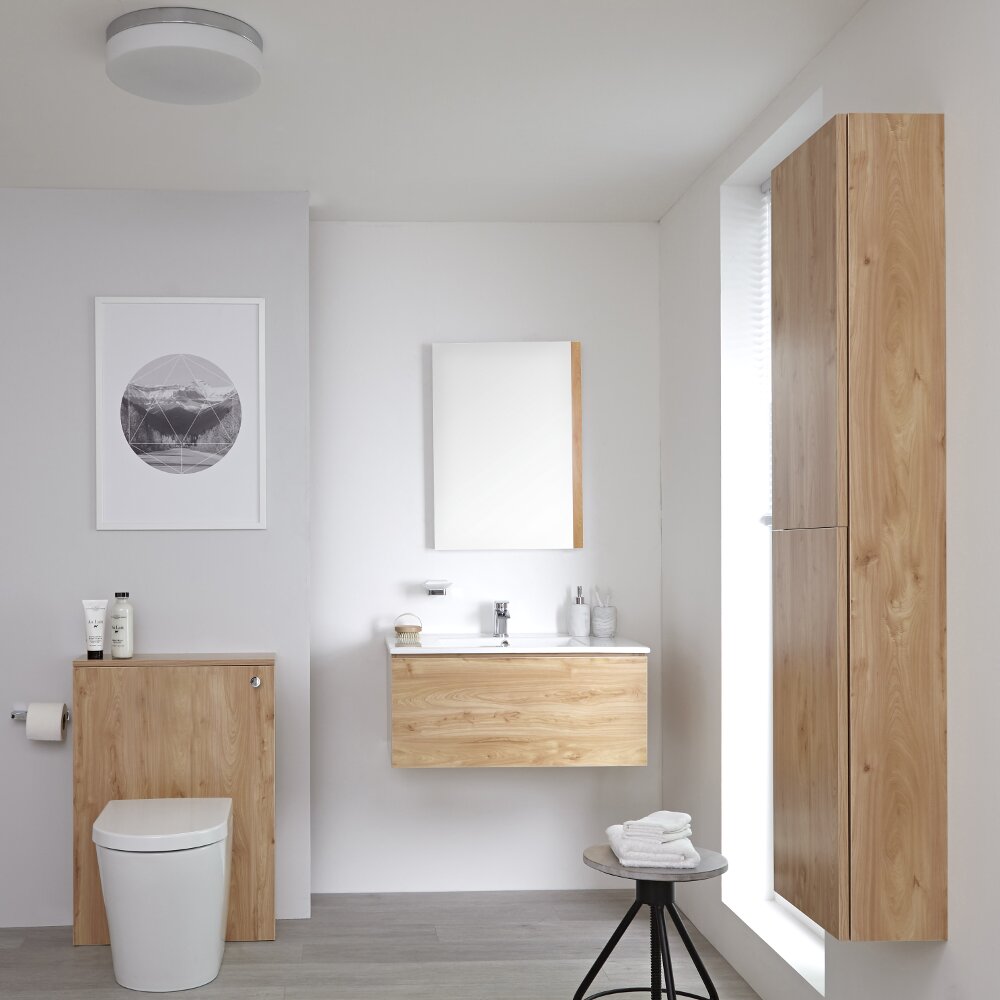 Mueble de Baño de 800mm Color Roble Dorado Completo con Cisterna, Inodoro con Lavabo, Armario de Pared y Espejo Disponible con Opción LED - Newington