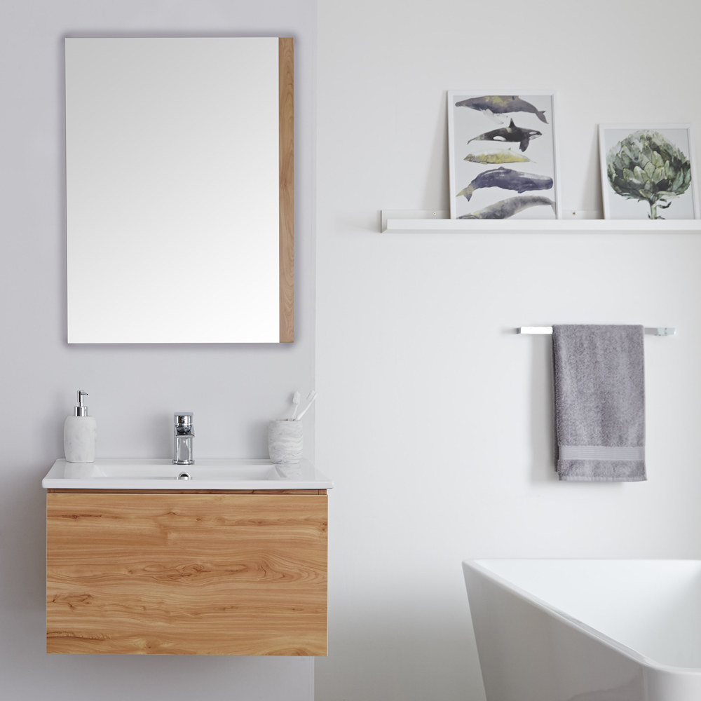 Mueble de Lavabo Mural Moderno de 600mm Color Roble Dorado con Lavabo Integrado para Baño Disponible con Opción LED - Newington