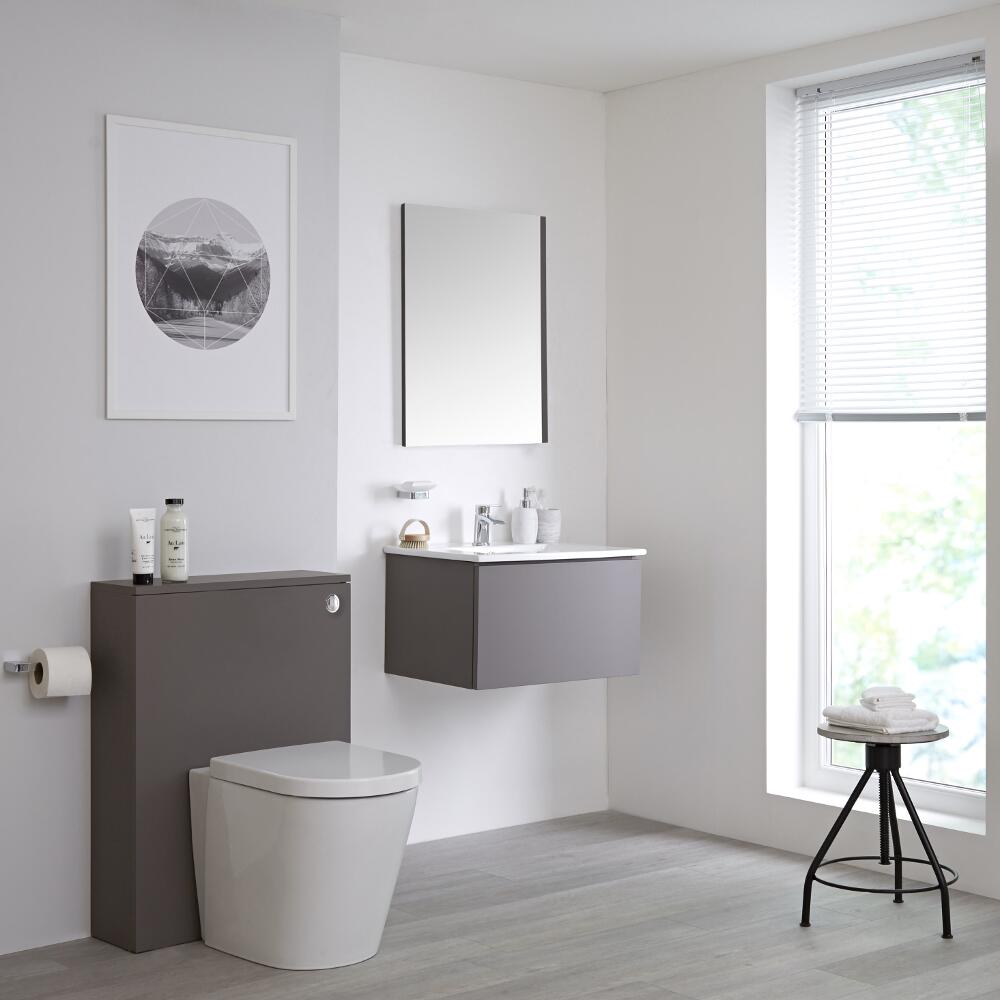 Mueble de Baño de 600mm Color Gris Opaco Completo con Cisterna, Inodoro y Lavabo Disponible con Opción LED - Newington