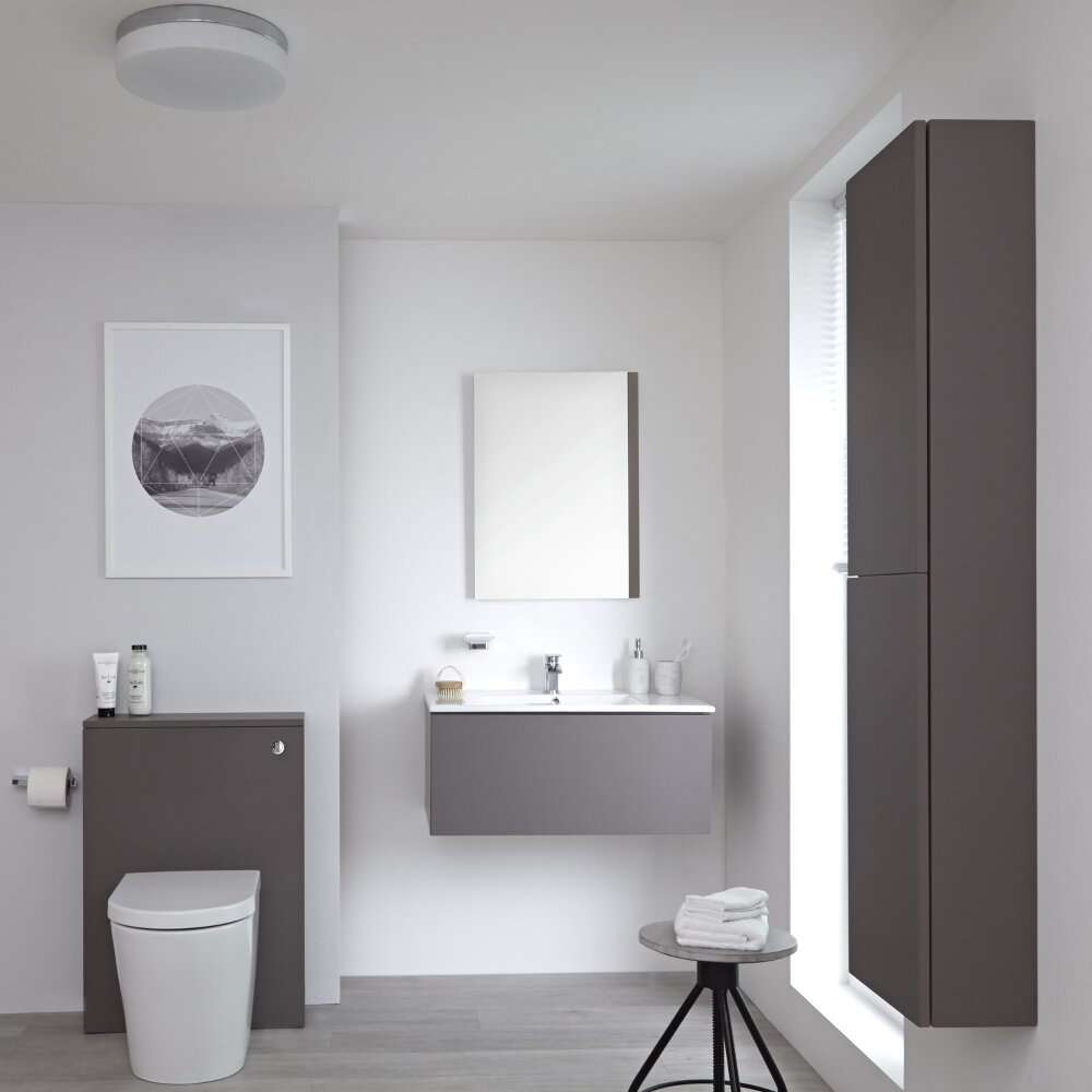 Mueble de Baño de 800mm Color Gris Opaco Completo con Cisterna, Inodoro con Lavabo, Armario de Pared y Espejo Disponible con Opción LED - Newington