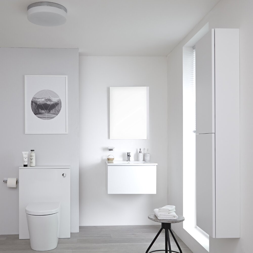 Mueble de Baño de 600mm Color Blanco Opaco Completo con Cisterna, Inodoro con Lavabo, Armario de Pared y Espejo Disponible con Opción LED - Newington