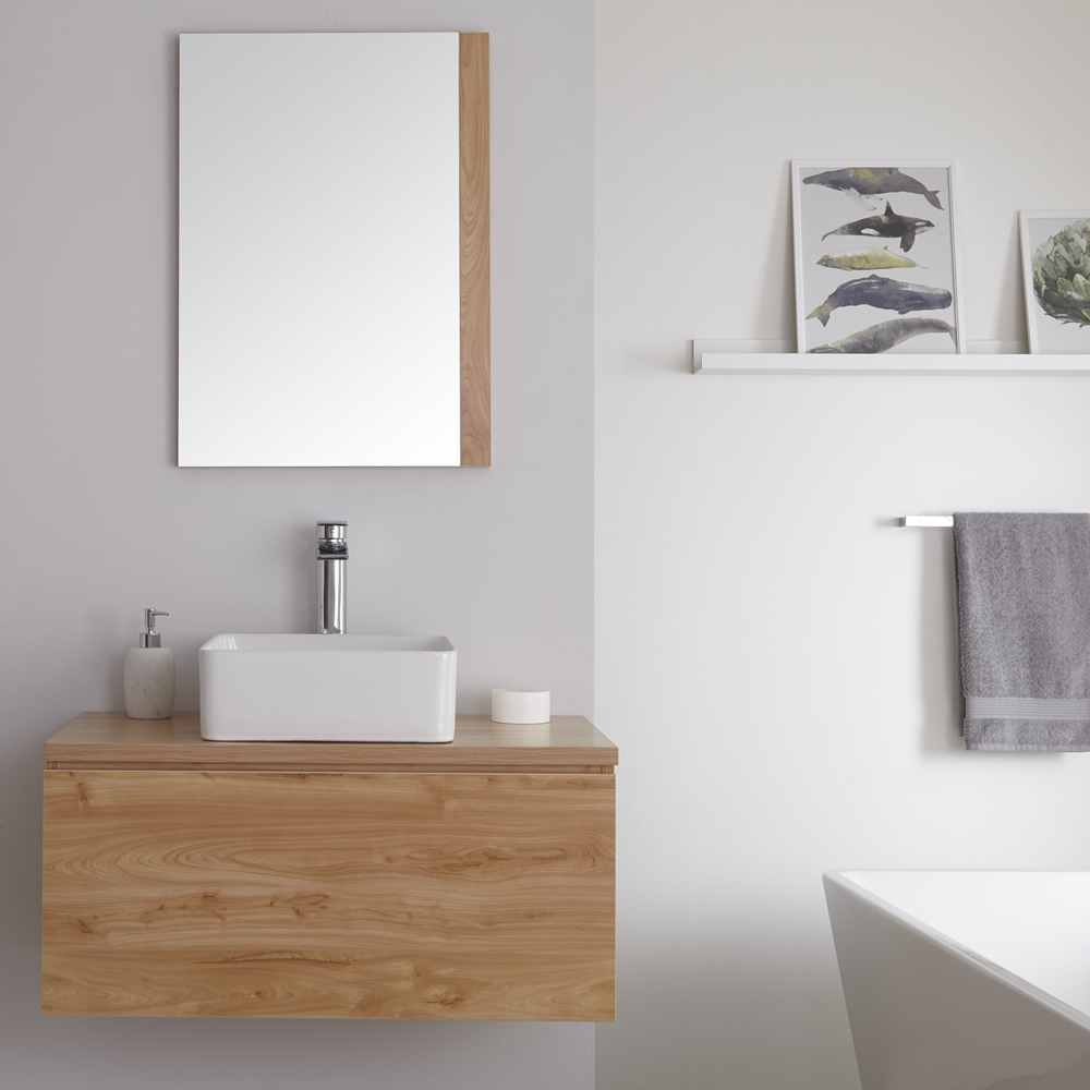 Mueble de Lavabo Mural de 800mm de Color Roble Dorado con Lavabo de Sobre Encimera Cuadrado para Baño Disponible con Opción LED - Newington