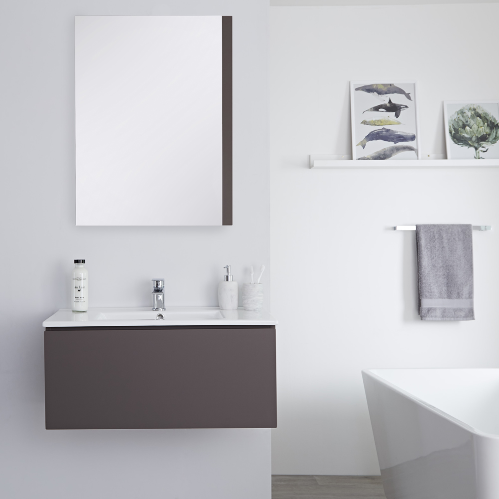 Mueble de Lavabo Mural Moderno de 800mm Color Gris Opaco con Lavabo Integrado para Baño Disponible con Opción LED- Newington