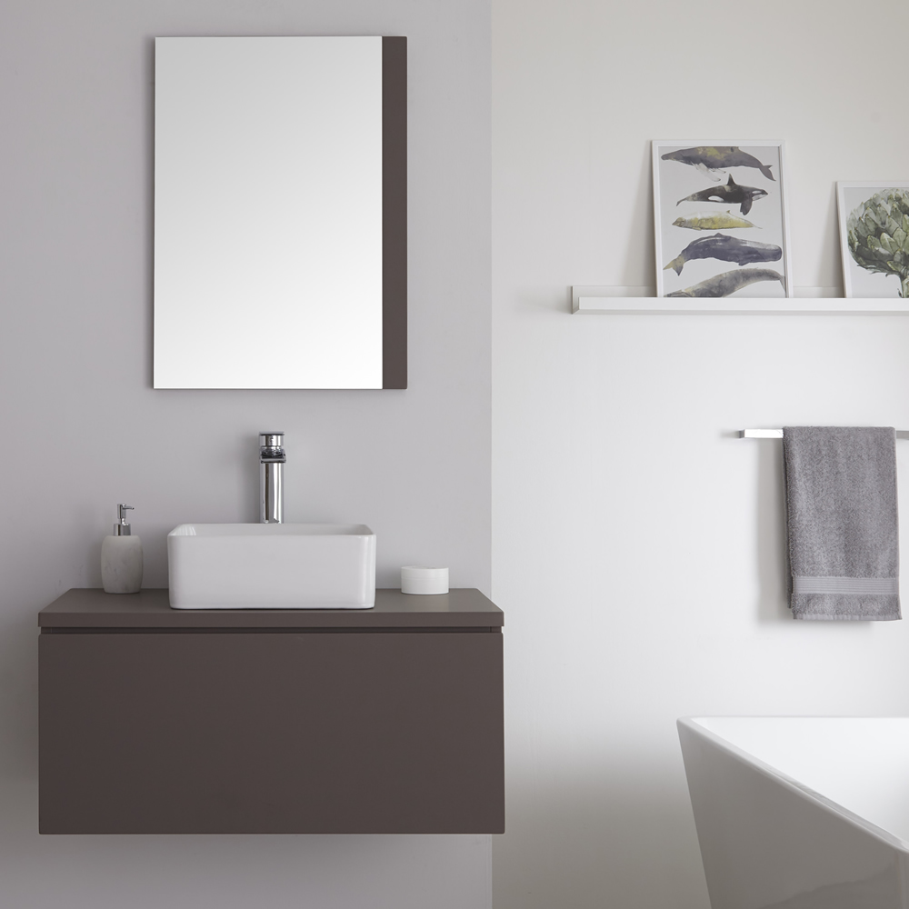 Mueble de Lavabo Mural de 800mm de Color Gris Opaco con Lavabo de Sobre Encimera Cuadrado para Baño Disponible con Opción LED - Newington