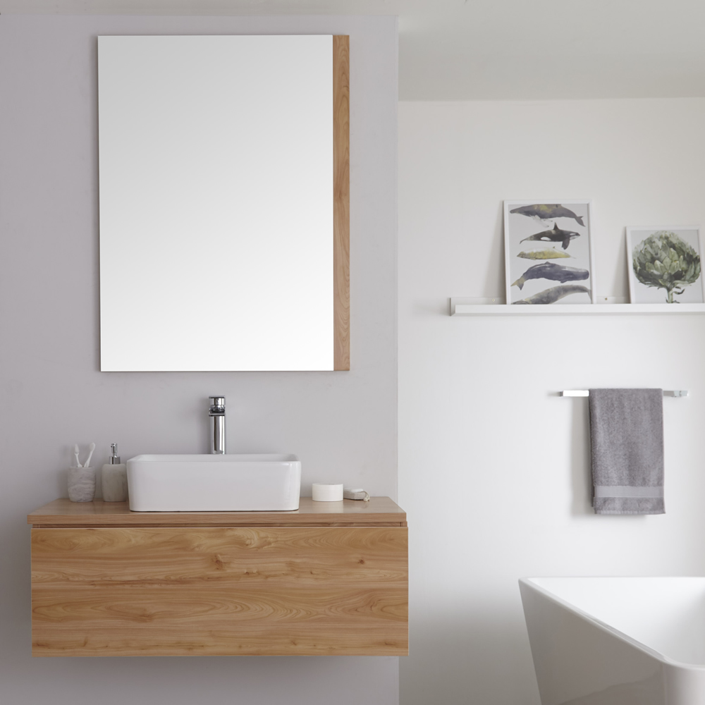 Mueble de Lavabo Mural de 1000mm de Color Roble Dorado con Lavabo de Sobre Encimera Cuadrado para Baño Disponible con Opción LED - Newington