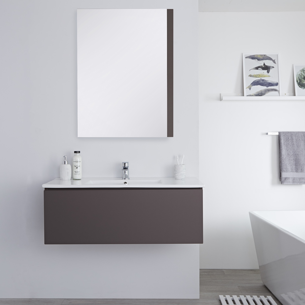 Mueble de Lavabo Mural Moderno de 1000mm Color Gris Opaco con Lavabo Integrado para Baño Disponible con Opción LED - Newington