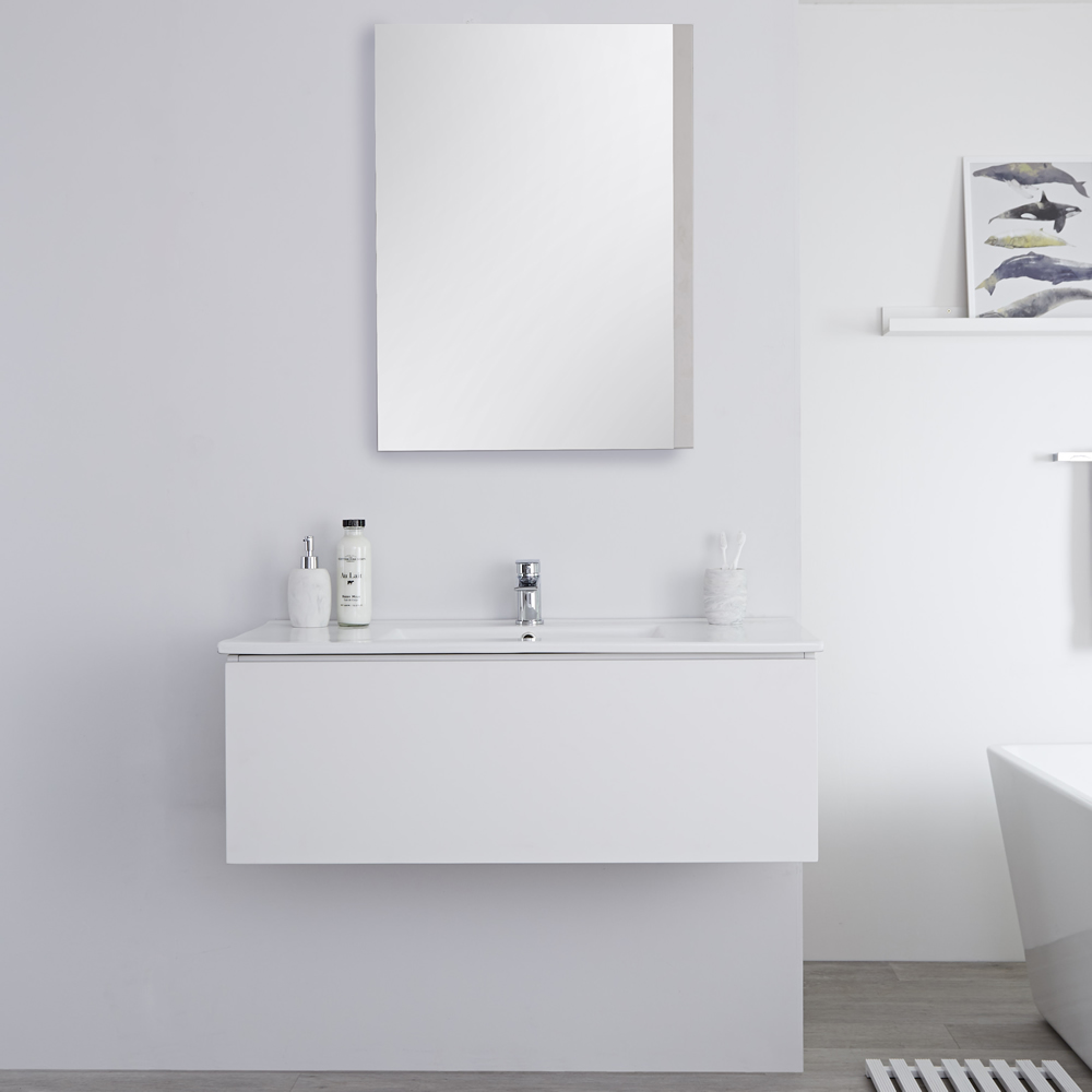Mueble de Lavabo Mural Moderno de 1000mm Color Blanco Opaco con Lavabo Integrado para Baño Disponible con Opción LED - Newington