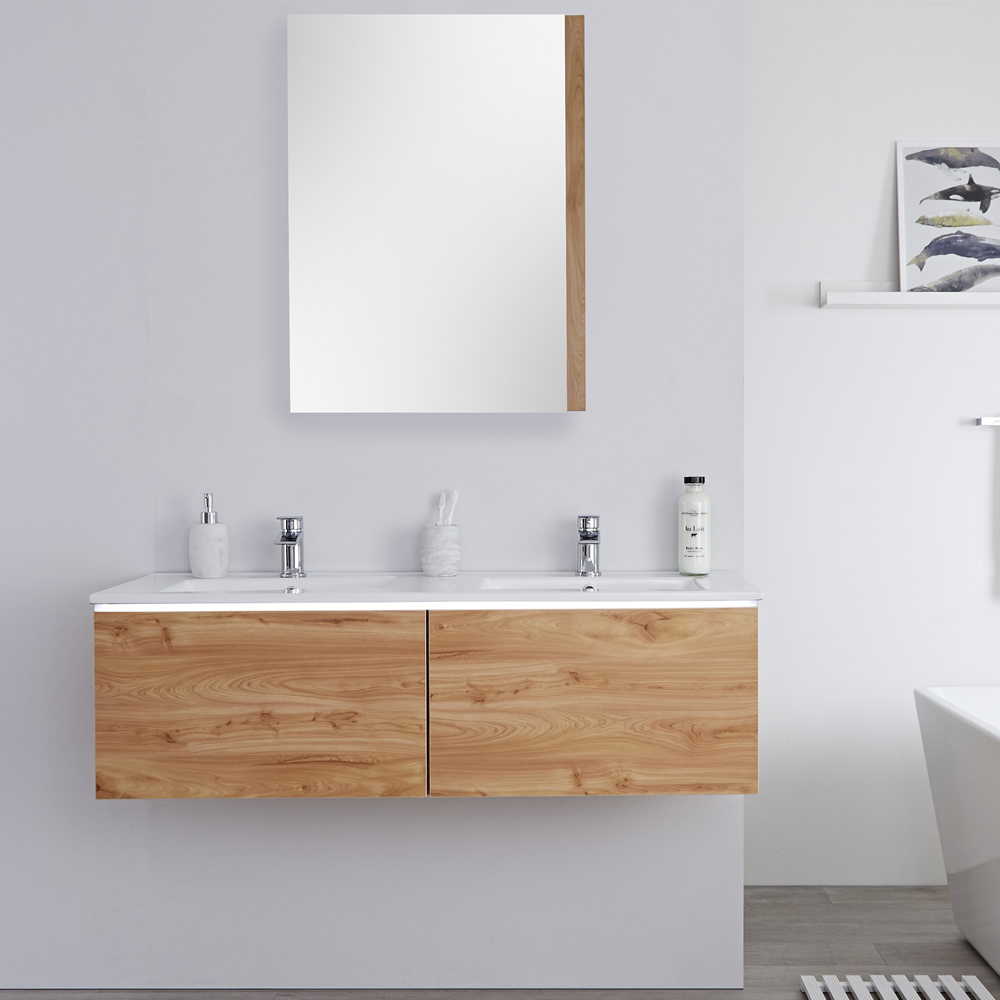 Mueble de Lavabo Mural Moderno de 1200mm Color Roble Dorado con Lavabo Doble Integrado para Baño - Newington