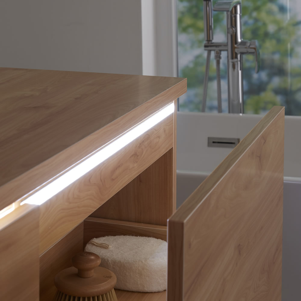 Mueble de Lavabo Mural Moderno de 1200mm Color Roble Dorado con Lavabo de Sobre Encimera Cuadrado Disponible con Opción LED - Newington