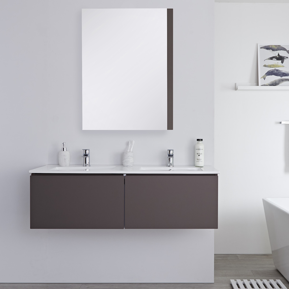 Mueble de Lavabo Mural Moderno de 1200mm Color Gris Opaco con Lavabo Doble Integrado para Baño Disponible con Opción LED- Newington