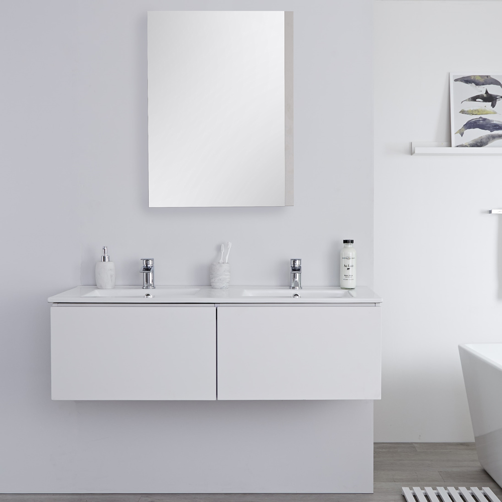 Mueble de Lavabo Mural Moderno de 1200mm Color Blanco Opaco con Lavabo Doble Integrado para Baño Disponible con Opción LED - Newington